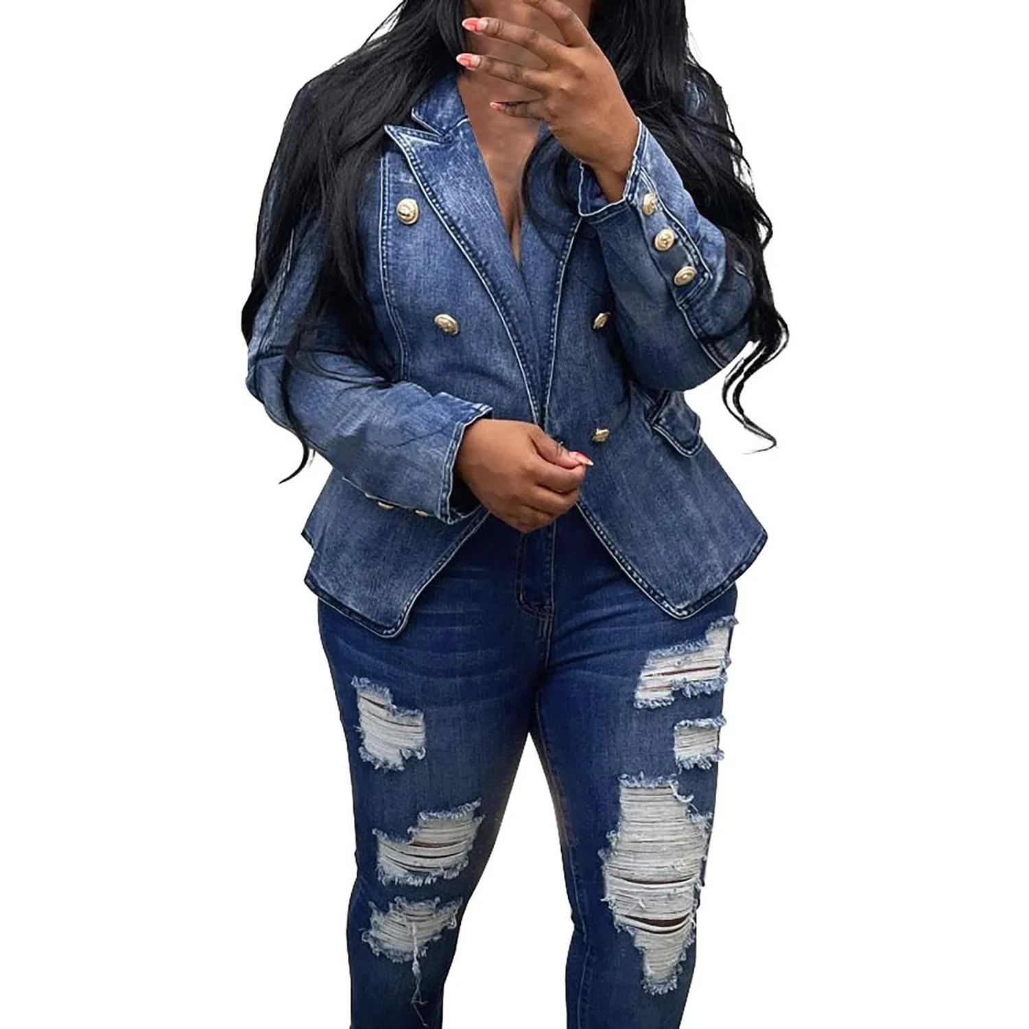 Женская джинсовая куртка с принтом Women's Denim Jacket Short Denim Jacket Stretch Oversized Crossed Jeans Slim Leisure Jacket, Blu Scuro — фото 2