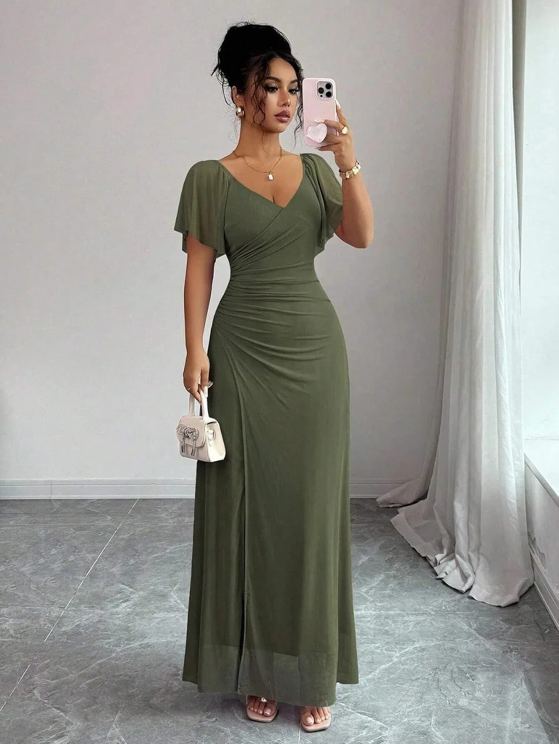 Женское элегантное платье с V-образным вырезом и оборками, Army Green — фото 2