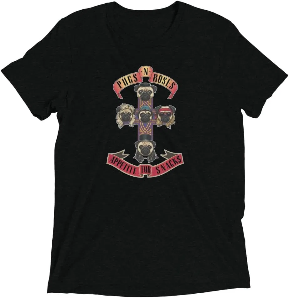 Мужская футболка с принтом Pugs N' Roses, Solid Black Triblend