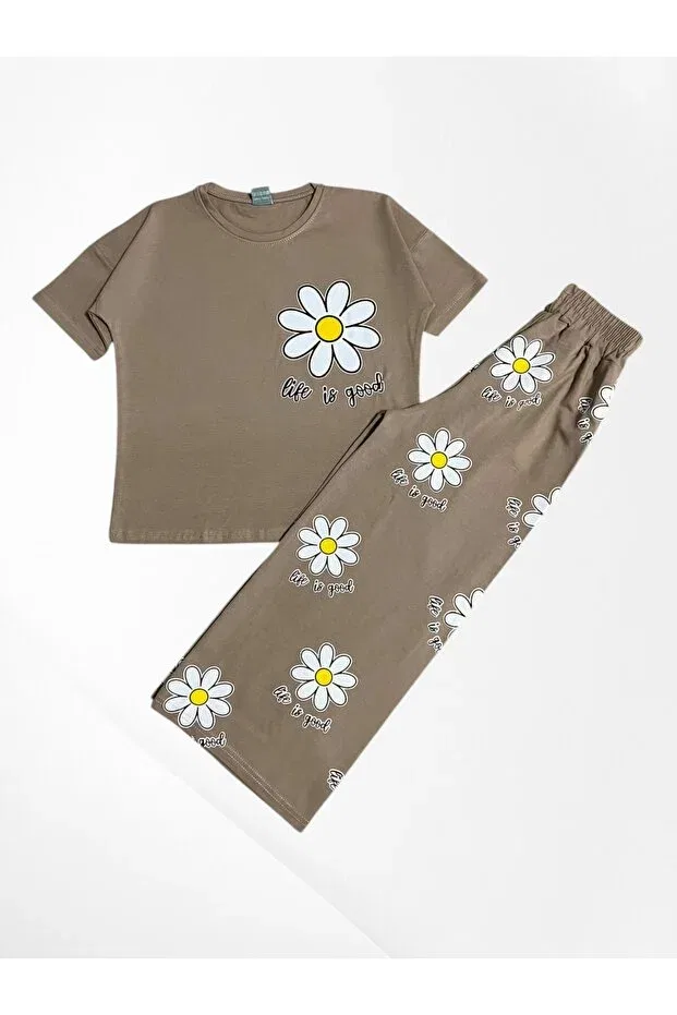 Детский комплект для девочек с принтом Daisy Flower Pijamakids, Beige — фото 2