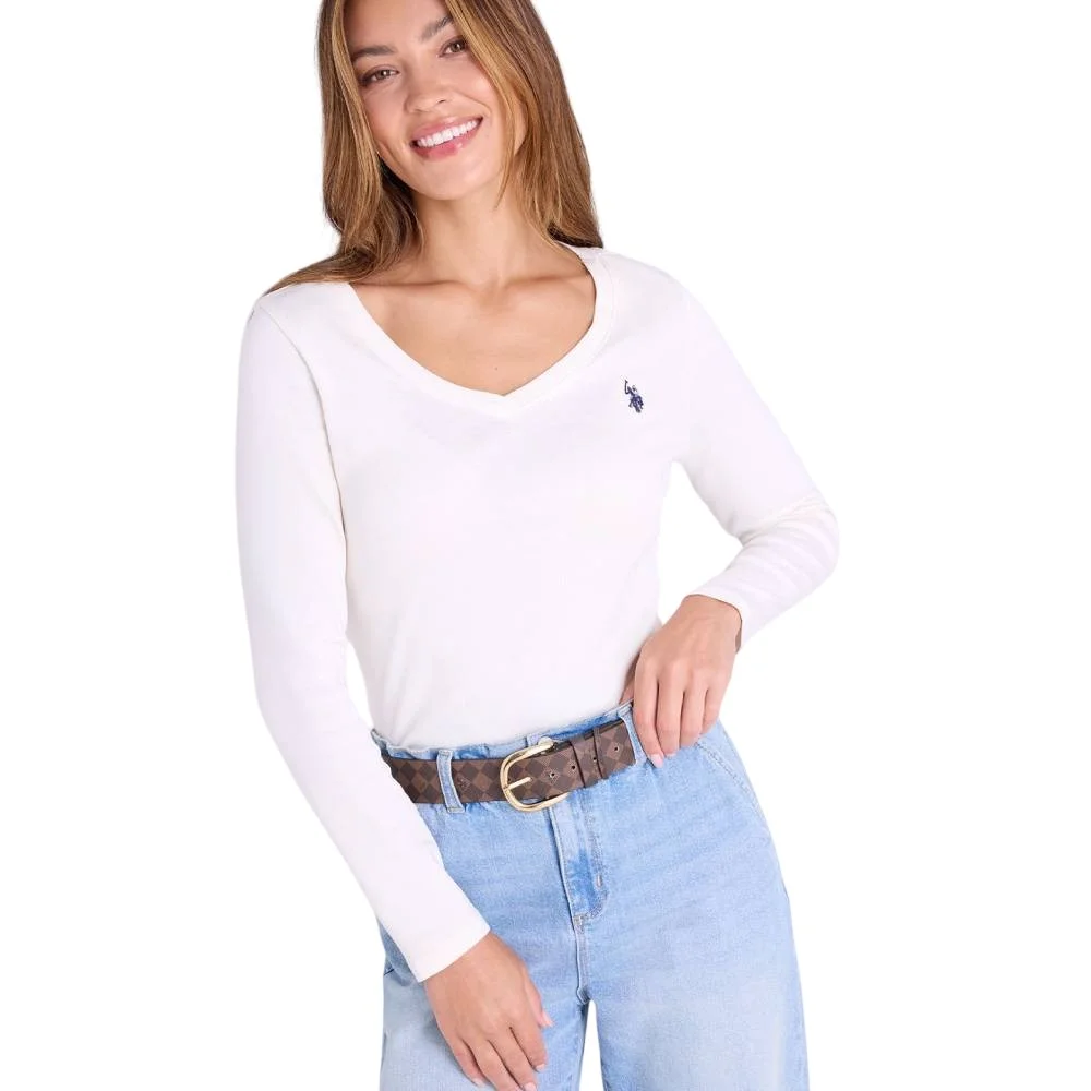 Женский лонгслив U.S. Polo Assn. V-Neck T-Shirt, кремовый