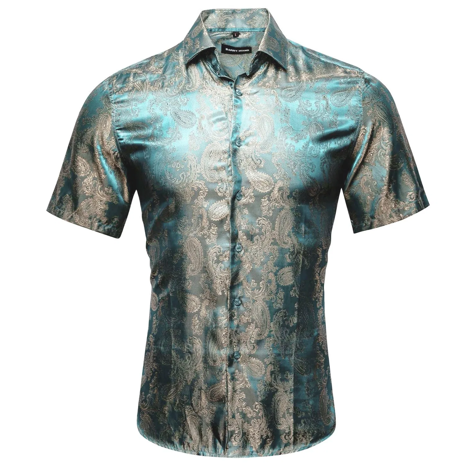 Мужская рубашка с коротким рукавом с принтом Paisley Shiny Satin Baroque Design, Green Mint