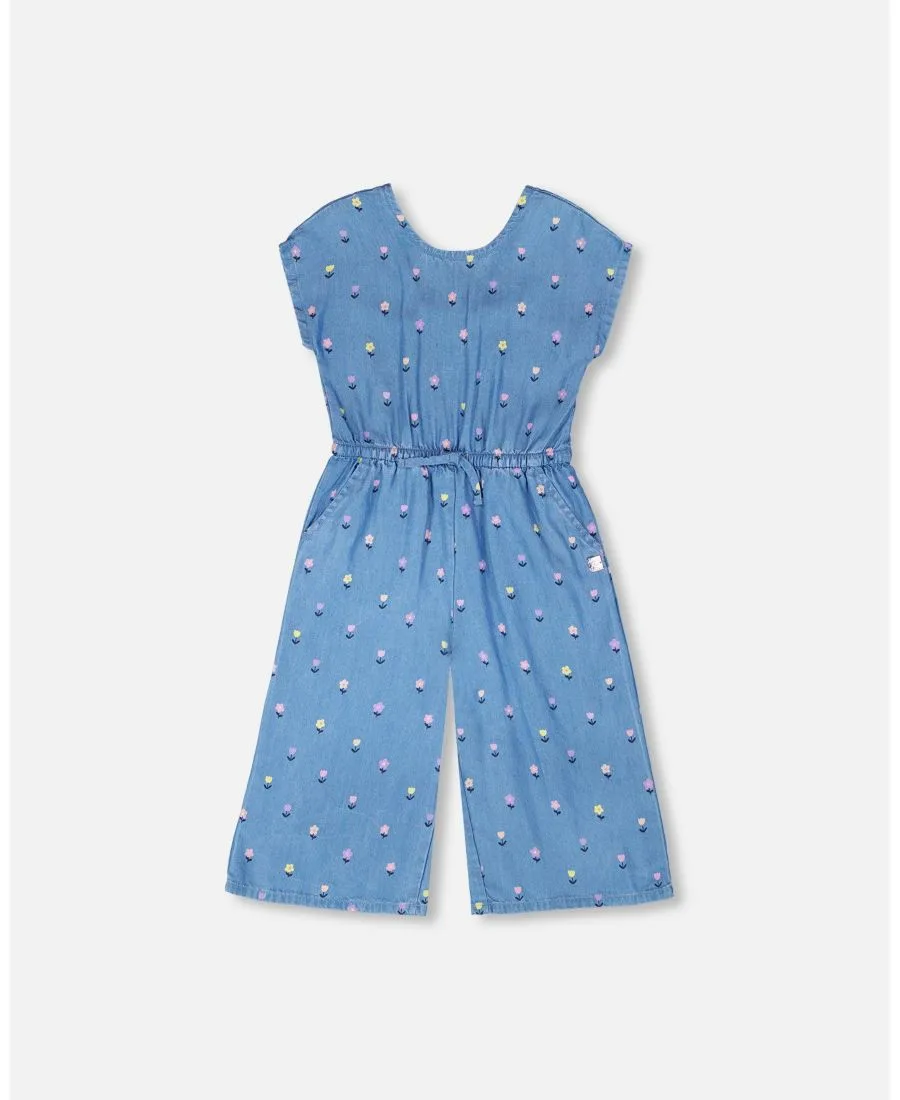 Детский комбинезон из шамбре с цветочным принтом Deux par Deux, синий floral print — фото 3