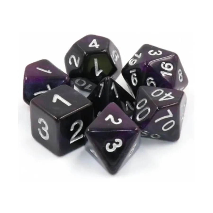 

Набор Poly — фиолетовые сумерки с серебром (7), Dice Sets - Resin/Acrylic - Blue, Green, & Purple (Foam Brain Games)