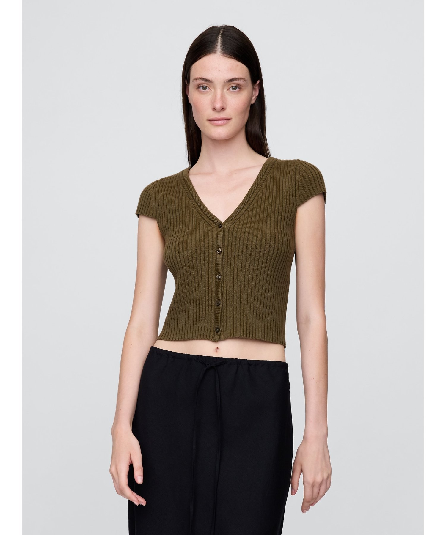 (W) Укороченный кардиган в рубчик GAP, DARK_OLIVE_19-0516