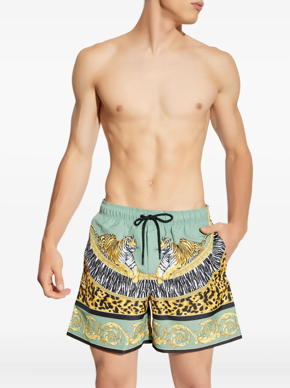 Плавки-шорты с кулиской и тигровым принтом VERSACE, зеленый — фото 3