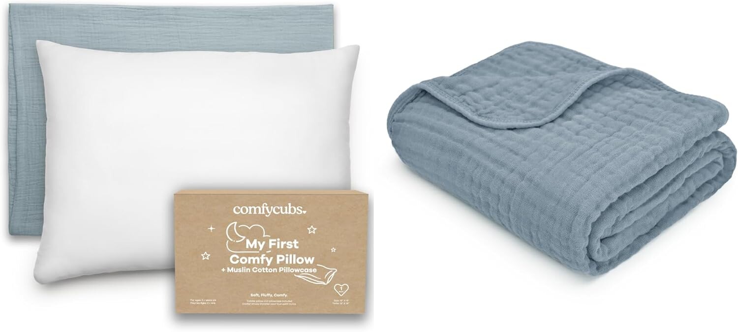 

Подушка Comfy Cubs для малышей с мягкой муслиновой наволочкой, 13x18 дюймов и муслиновым одеялом, Тихоокеанский синий в комплекте