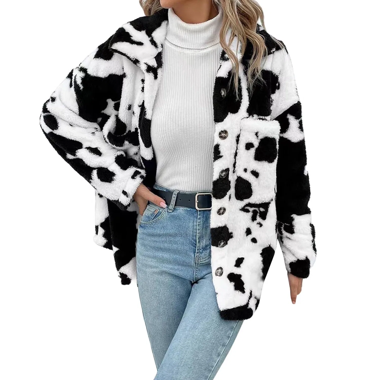 Женская куртка из флиса с принтом Teddy, длинным рукавом, оверсайз, Bianco
