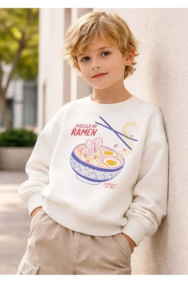 Детские свитшот для девочек с принтом Ramen sweatshirt Petit Coral, Ecru — фото 2