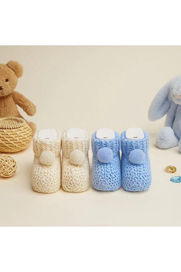 Детские пинетки с помпонами, вязаные, комплект из 2 пар, Eradkids, Blue-Ecru — фото 3