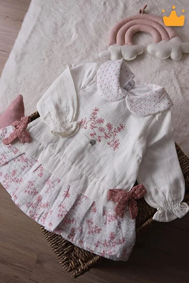 Детское платье для девочек хлопковое Muslin baby girl holiday long sleeve dress 15178 Babydola, Ecru — фото 2