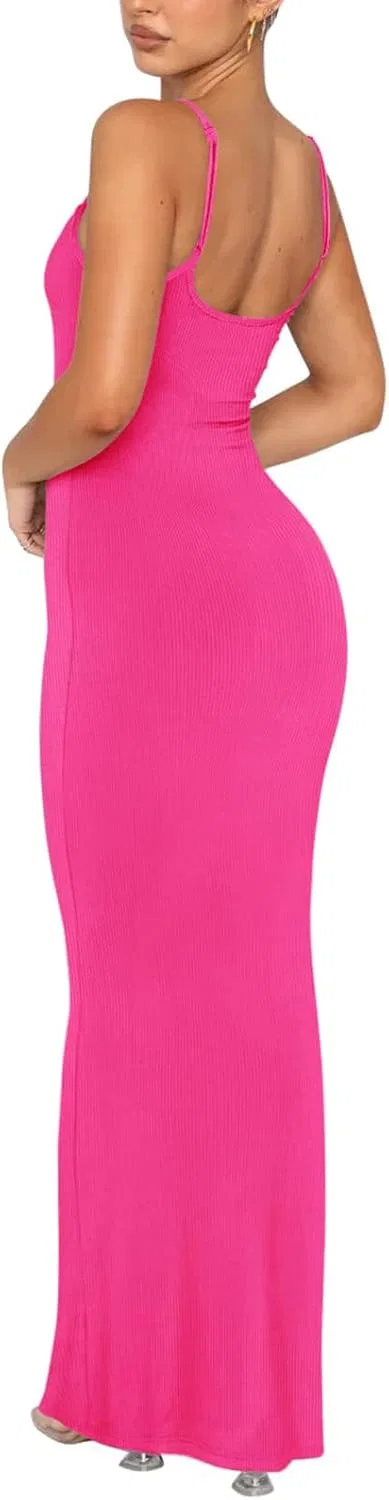 Вечернее облегающее платье макси без рукавов с открытой спиной, Hot Pink — фото 3