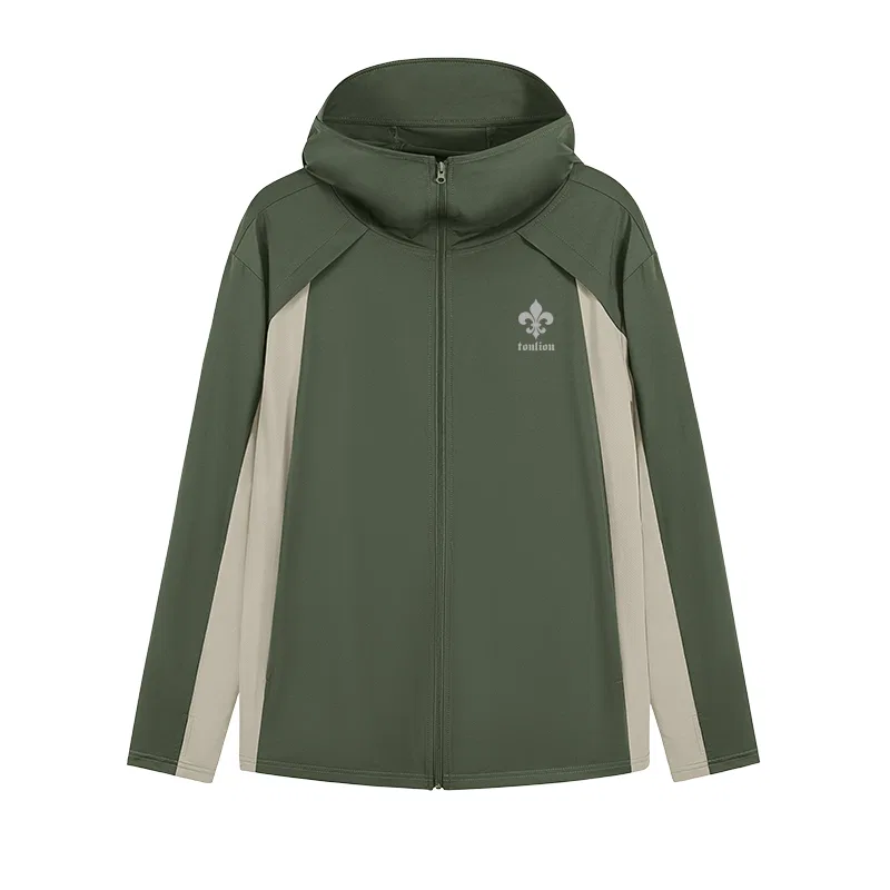 Детская куртка-ветровка с защитой от солнца Tonlion, Color-Blocked Breathable Sun-Protective Clothing In Military Green (Tb Gothic Gray Shadow Chest Patch)