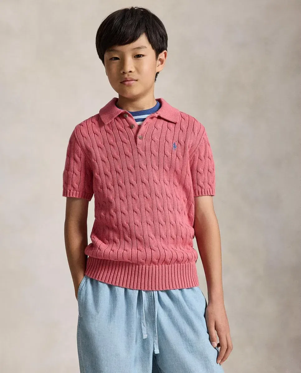 Детский джемпер-поло с коротким рукавом в мелкую косичку Polo Ralph Lauren, Coral