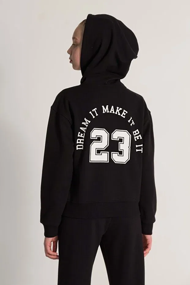 Детский кардиган для девочек с принтом Front Back Printed Hooded Girl's Cardigan With Zipper Closure Generic Brands, Black — фото 2