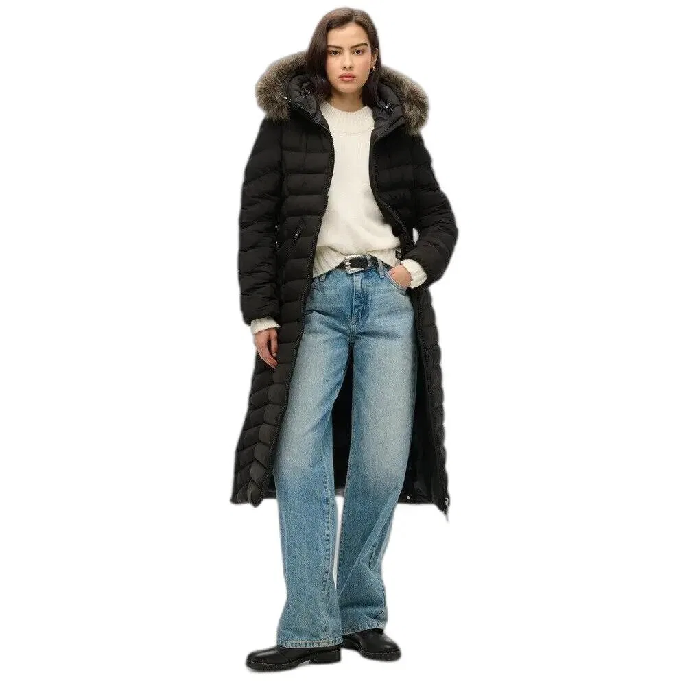 Женское длинное пуховое пальто с капюшоном из искусственного меха Superdry Fuji, Schwarz — фото 2