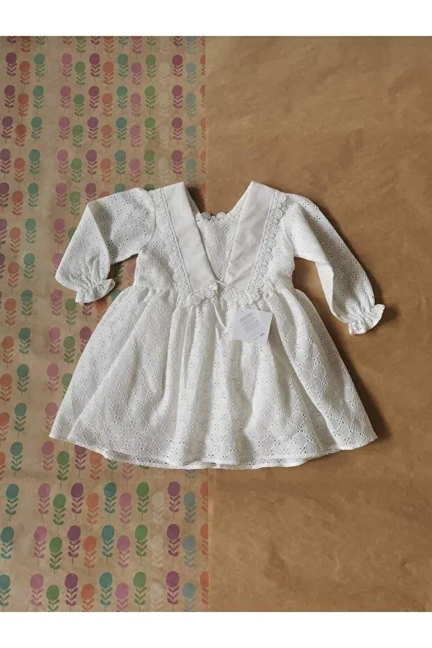 Детское платье для девочек кружевное Scallop fabric collar detailed long sleeve white girl's dress Generic Brands, White — фото 3
