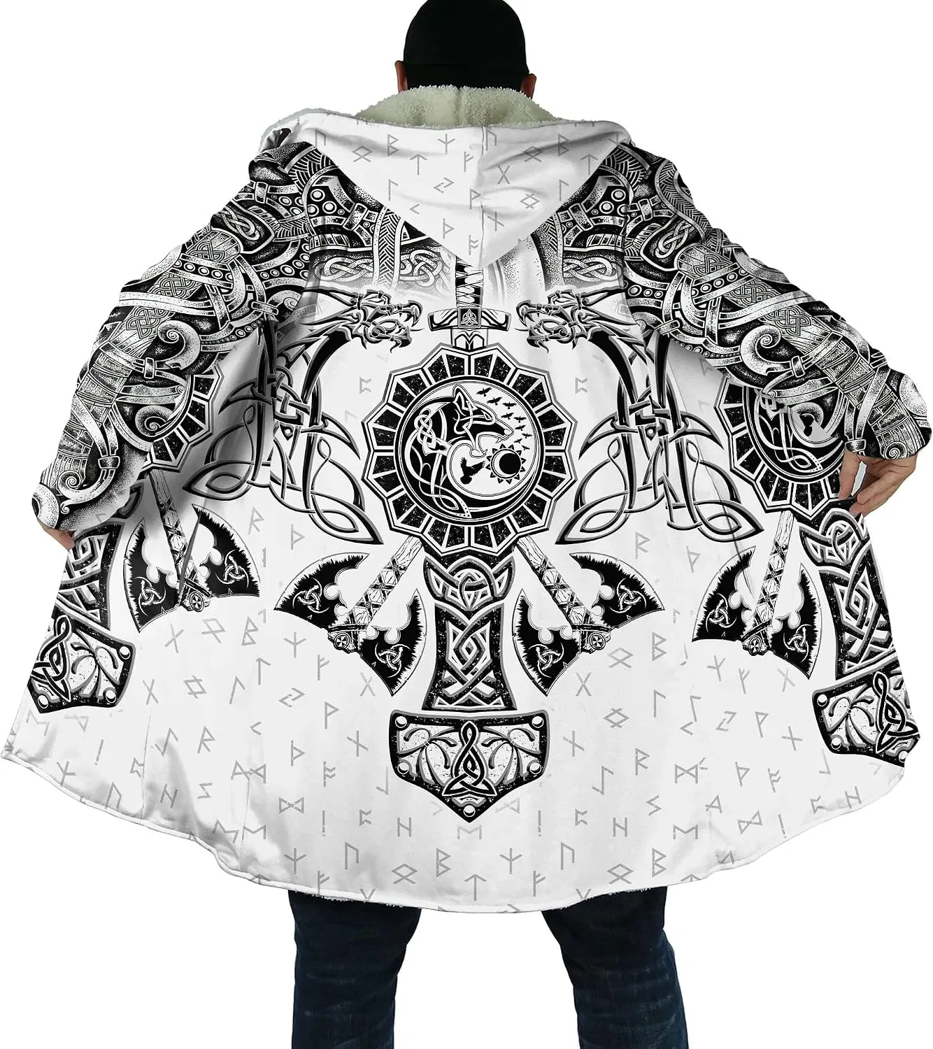 Мужская зимняя куртка с капюшоном, с принтом, Viking Tattoo Faux Cashmere Hooded Coat, 3D Full Print Norse Mythology Tattoo, Winter Warm Jacket, Mid-Length Parka Cloak, Mjolnir White — фото 2