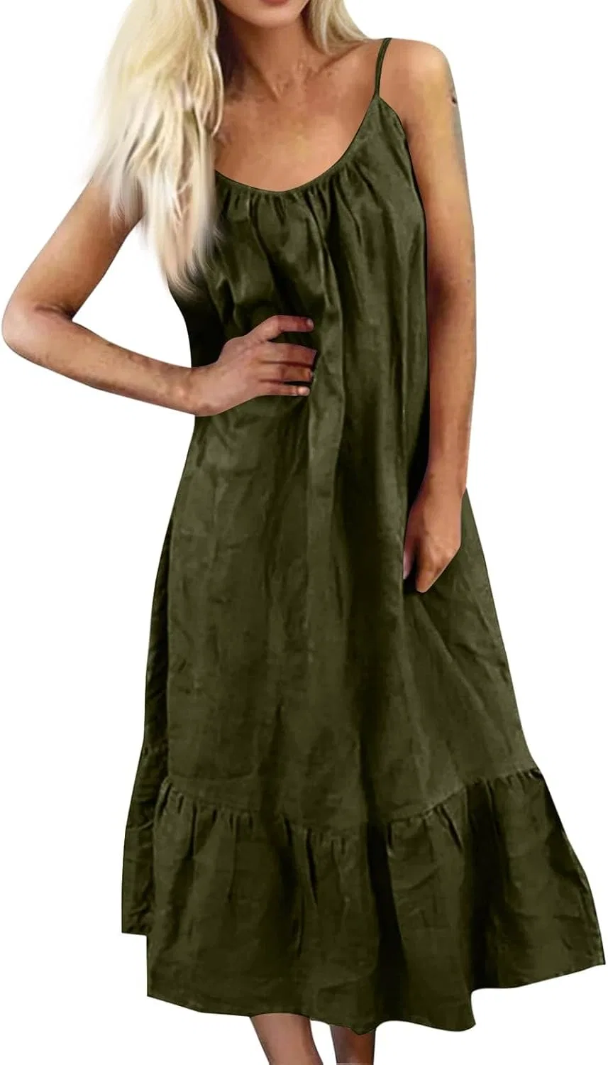 Женское платье-трапеция на бретелях с рюшами, Summer Dress, армейский зелёный