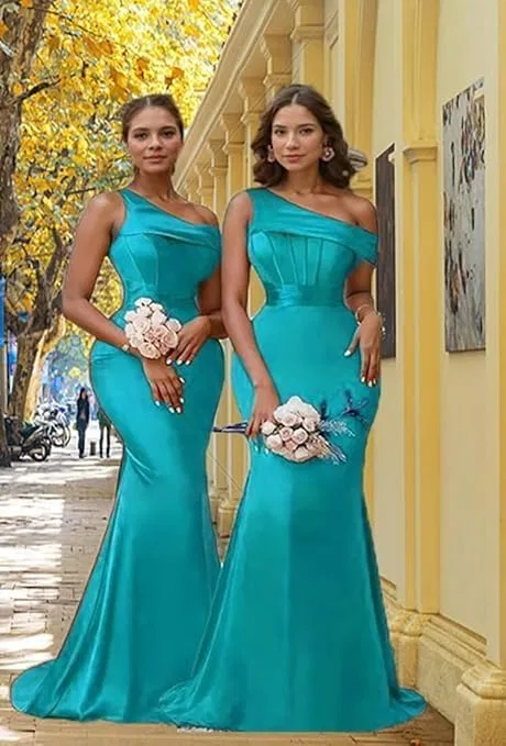 Вечернее платье с одним плечом и корсетом русалка Satin, Blue — фото 3