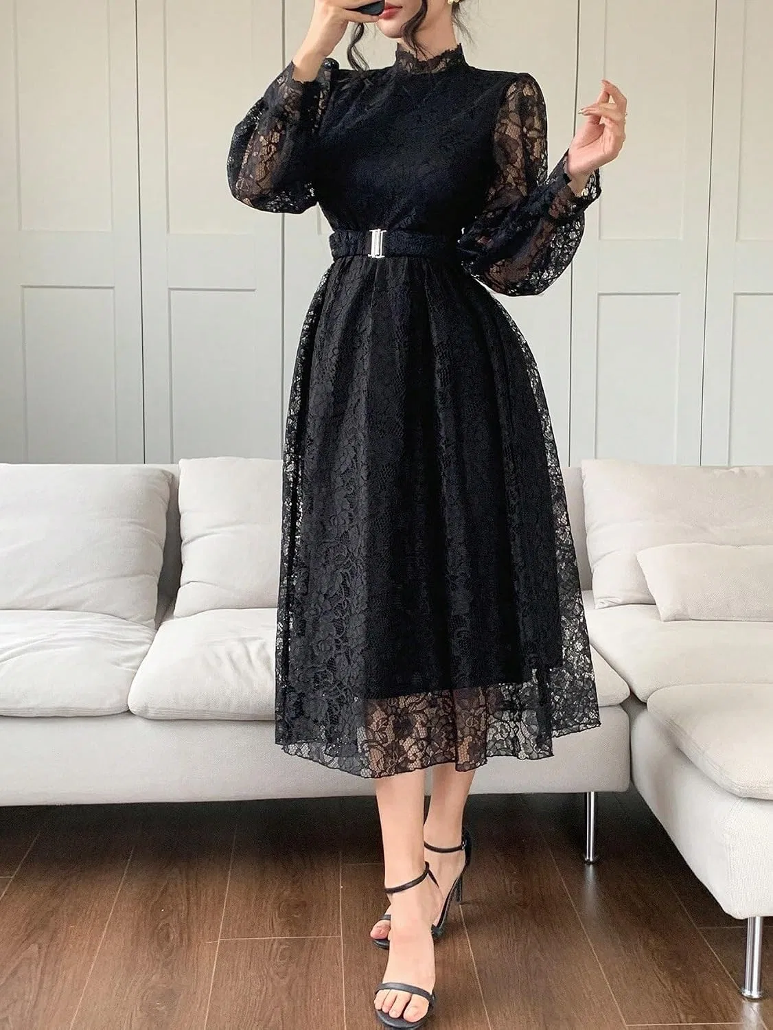 Женское повседневное платье миди с кружевным воротником-стойкой Puff Sleeve, Black — фото 3