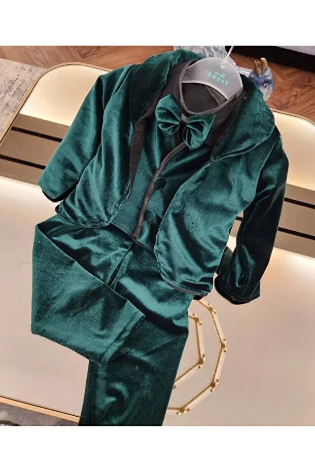 Детский для мальчиков вельветовый комплект Silk Velvet Vest Suit Outfit Tozpembebaby, Зеленый — фото 3