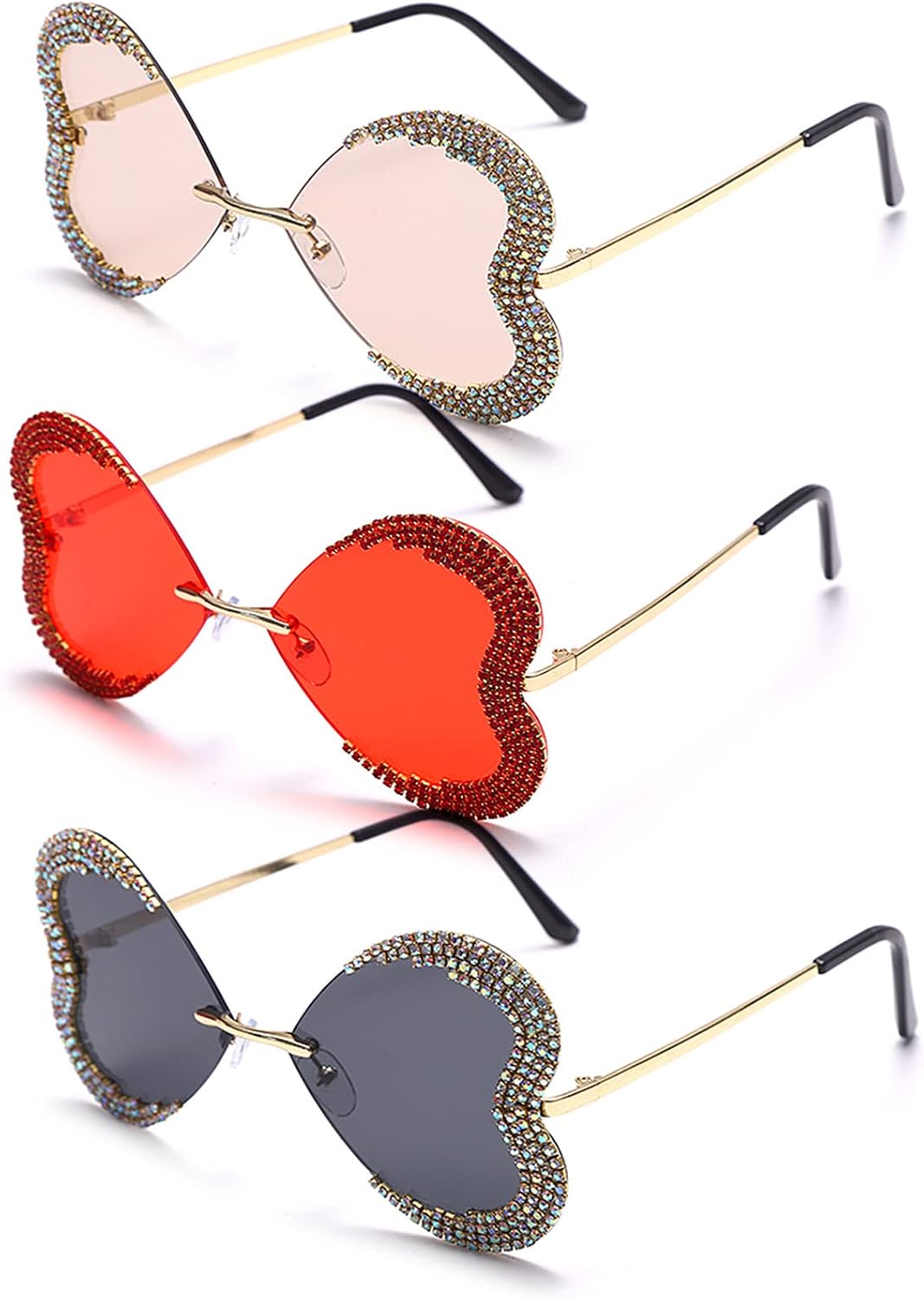 

willochra Милая девочка. Сверкающие конфетные цвета. Оправа в форме сердца. Солнцезащитные очки с кристаллами. Защита от УФ-излучения. Солнцезащитные очки для вечеринки со стразами, 3pcs-black&red&champagne