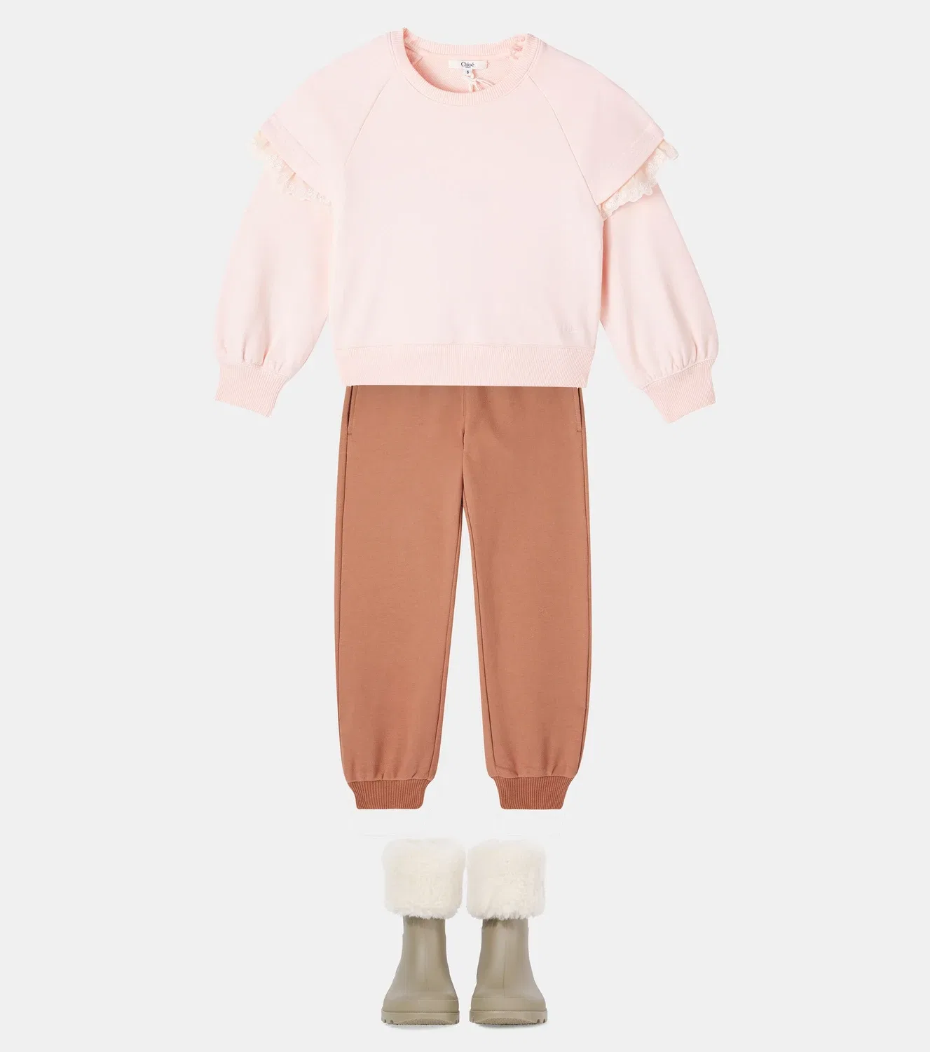 Толстовка из хлопкового флиса с кружевной отделкой Chloé Kids, розовый — фото 2