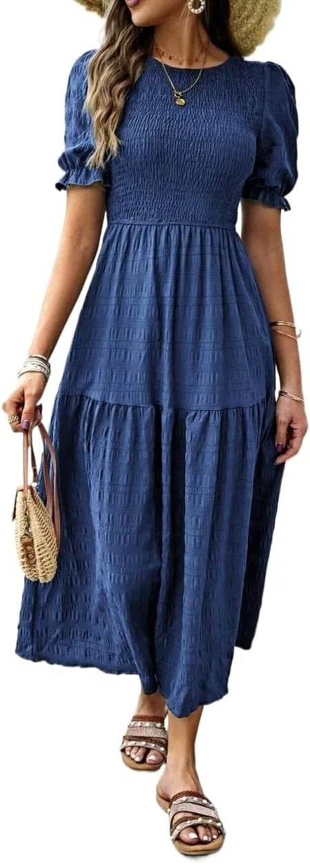 Женское летнее макси-платье с пышными рукавами A-line High Waist, Navy Blue