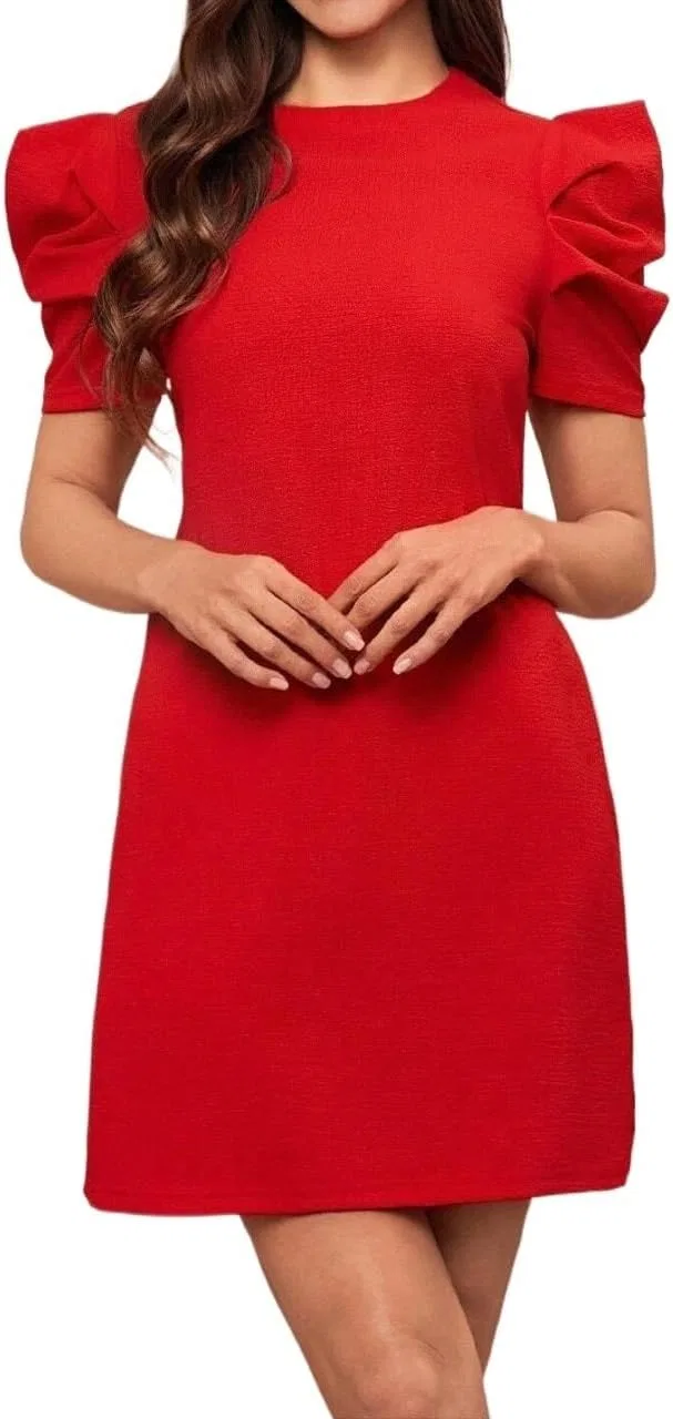 Женское короткое платье-туника с рюшами, Red
