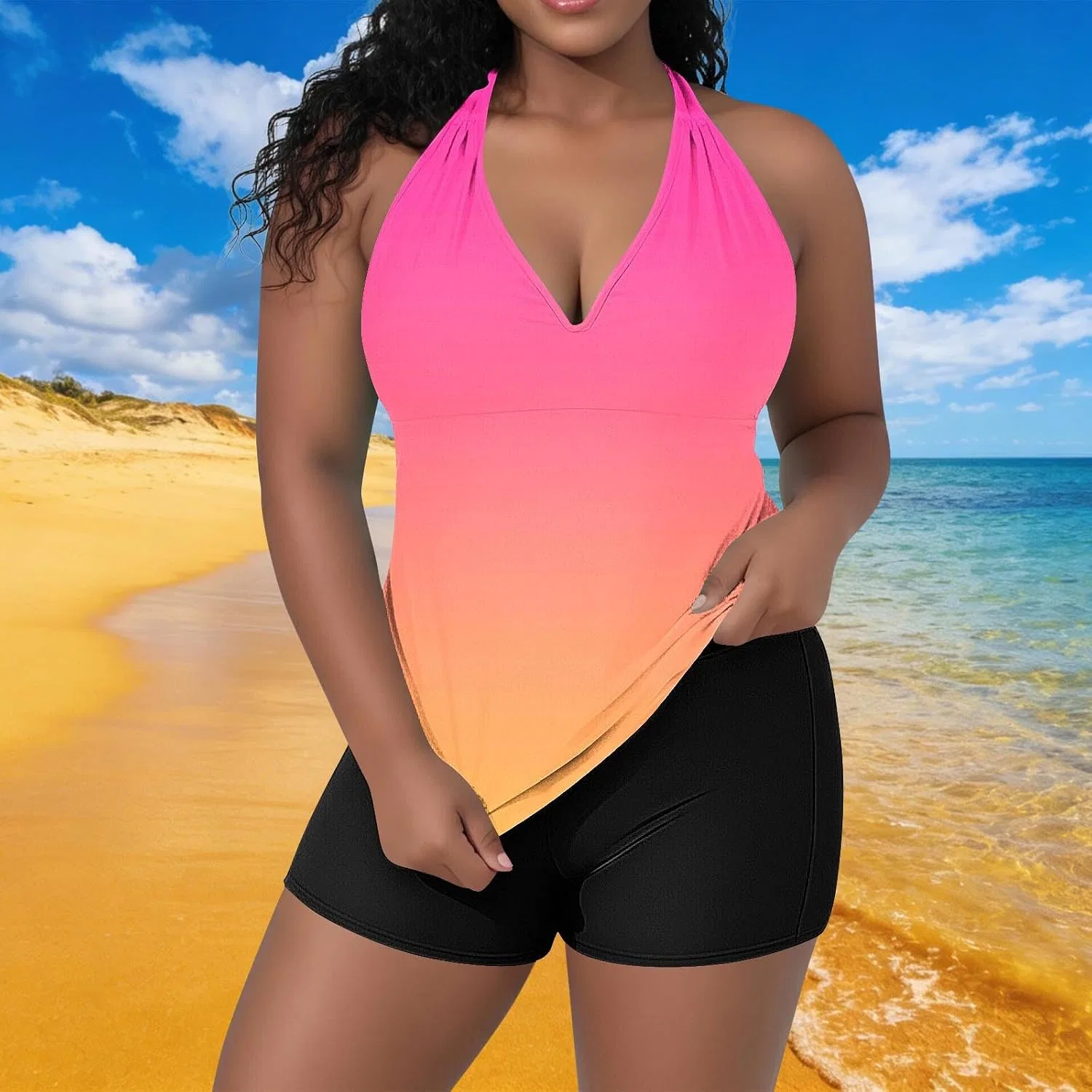 Женский танкини с шортами с контролем живота Gradient Sets, Hot Pink — фото 2