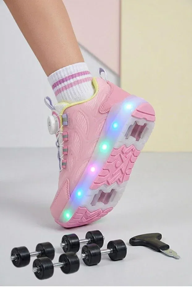 Детские спортивные кроссовки для девочек на шнуровке Wheel Smart Lighted Orthopedic Papuçsepeti, Powder — фото 4