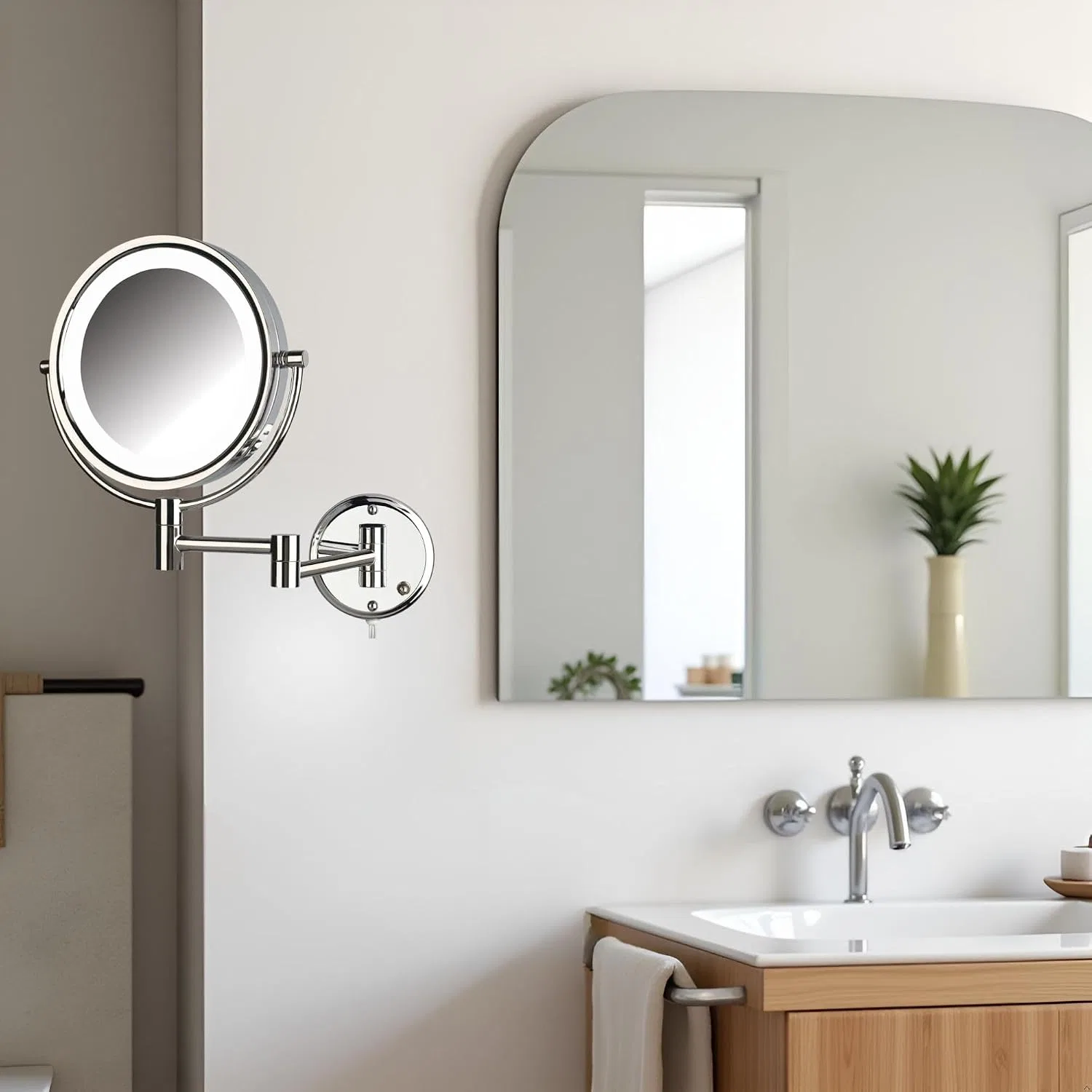 Настенное зеркало для макияжа с LED-подсветкой Jerdon, 8x увеличение, Хром — фото 4