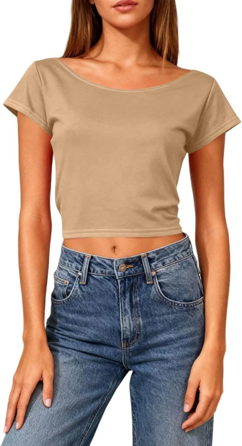 Женская свободная футболка с открытой спиной Crop Top, Khaki — фото 4