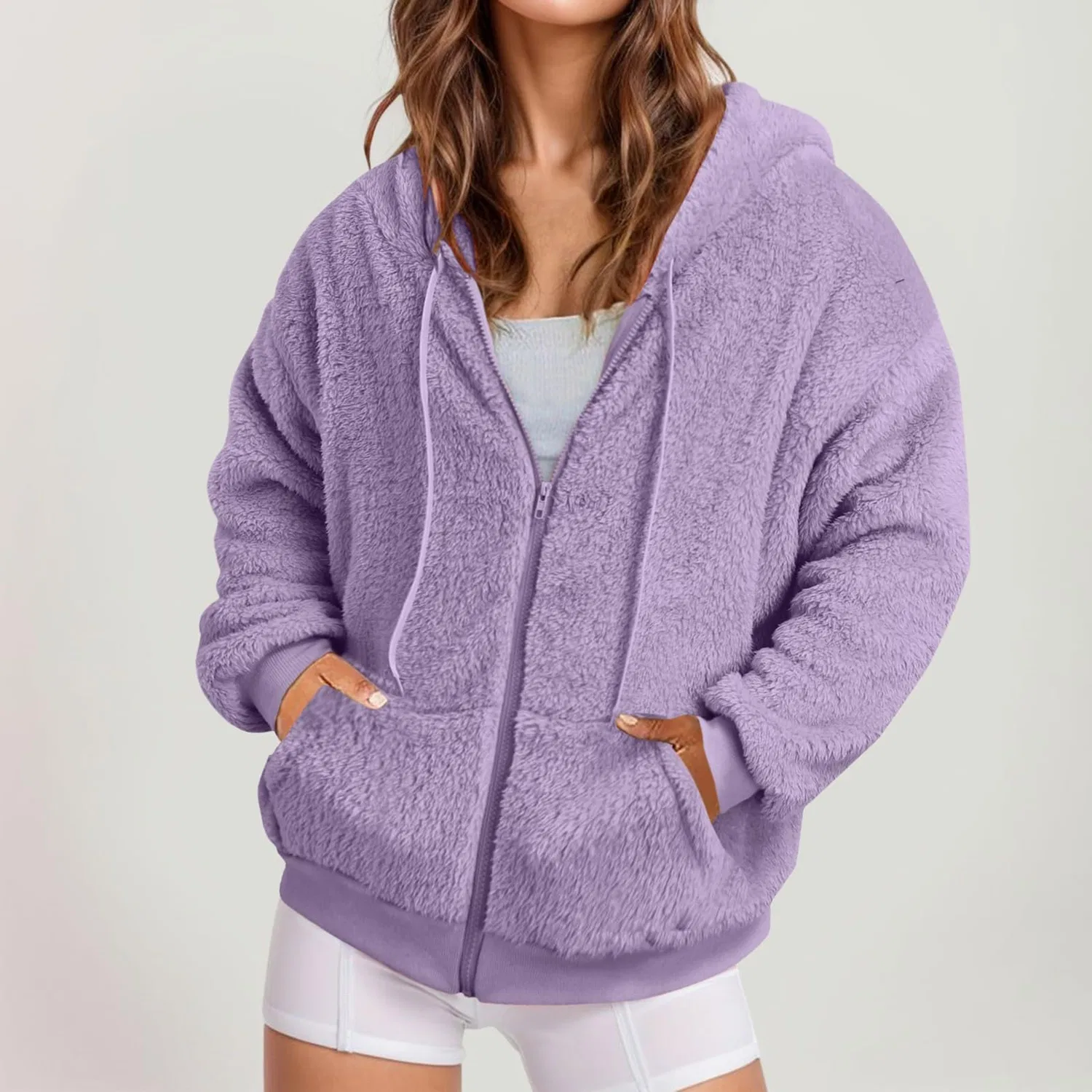 Женская куртка-худи с капюшоном и молнией, флисовая, Teddy, oversize, Lilla — фото 2