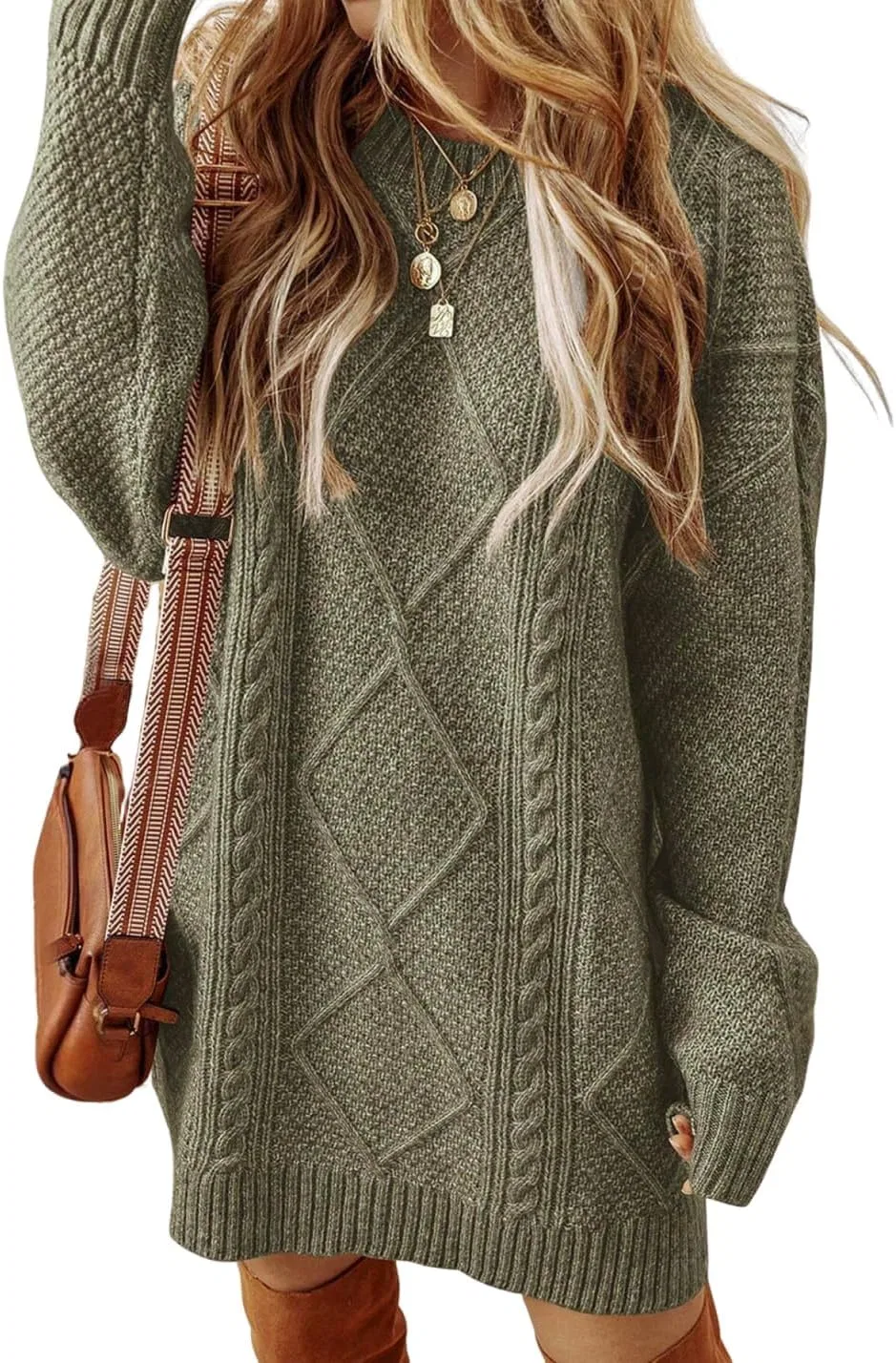 Женское свободное вязаное платье-свитер с косами, Army Green
