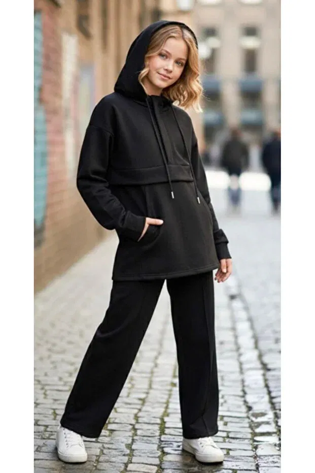 Детский комплект из туники и брюк с капюшоном Oversize Asortix, Black — фото 2