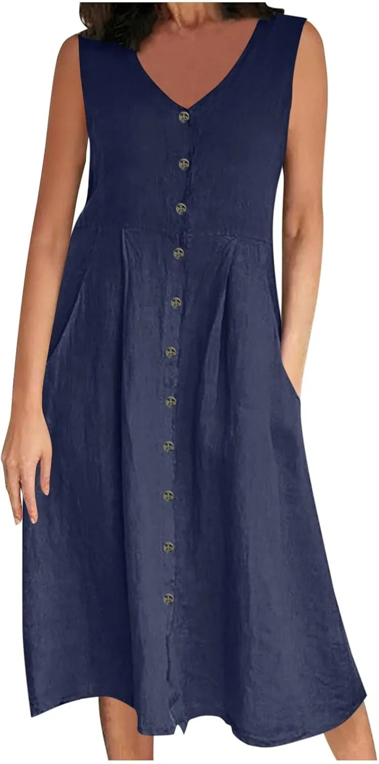 Женское летнее платье-миди с пуговицами Linen Dress, Navy — фото 2