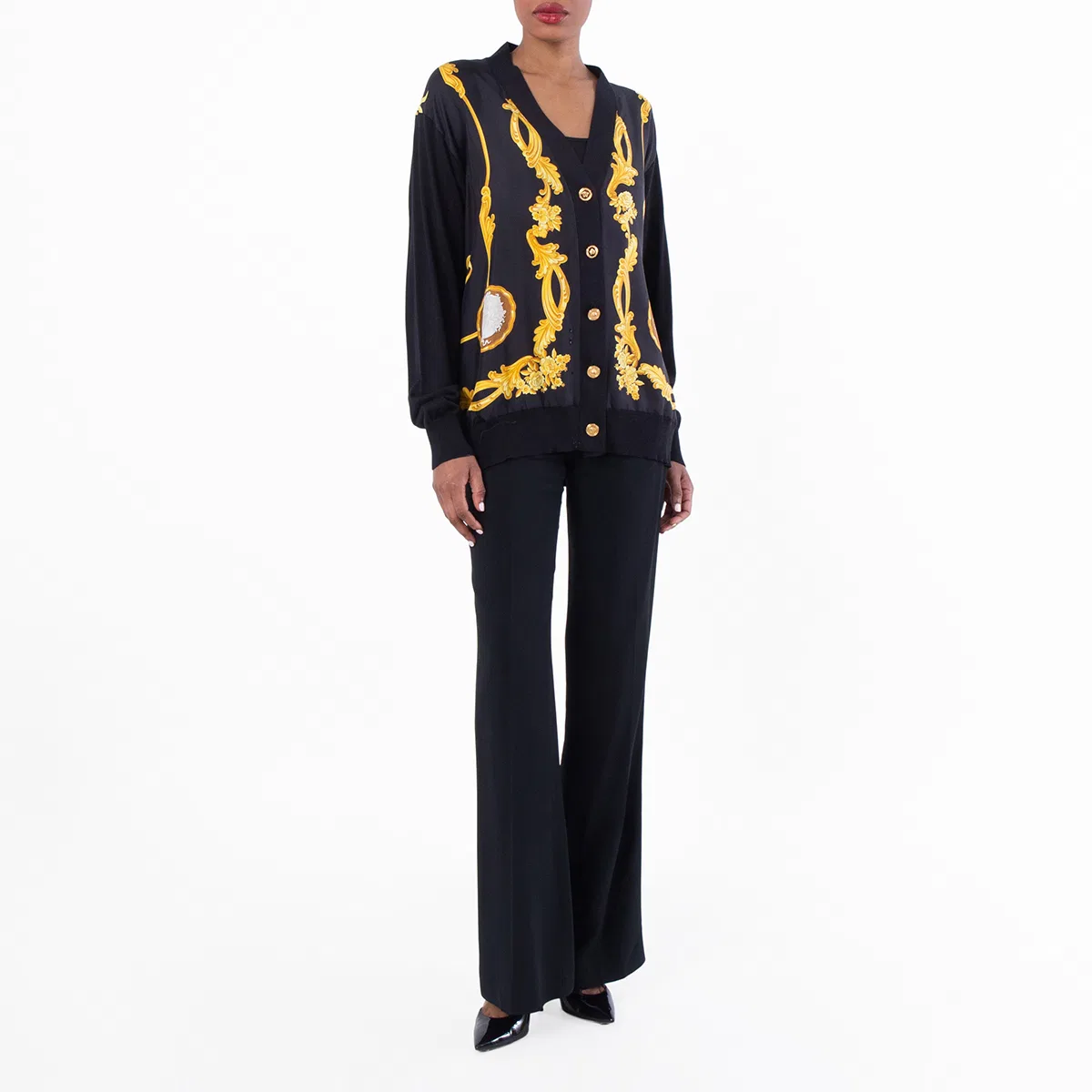 Кардиган женский с принтом Baroque V-образным вырезом Versace, Black/Gold — фото 4