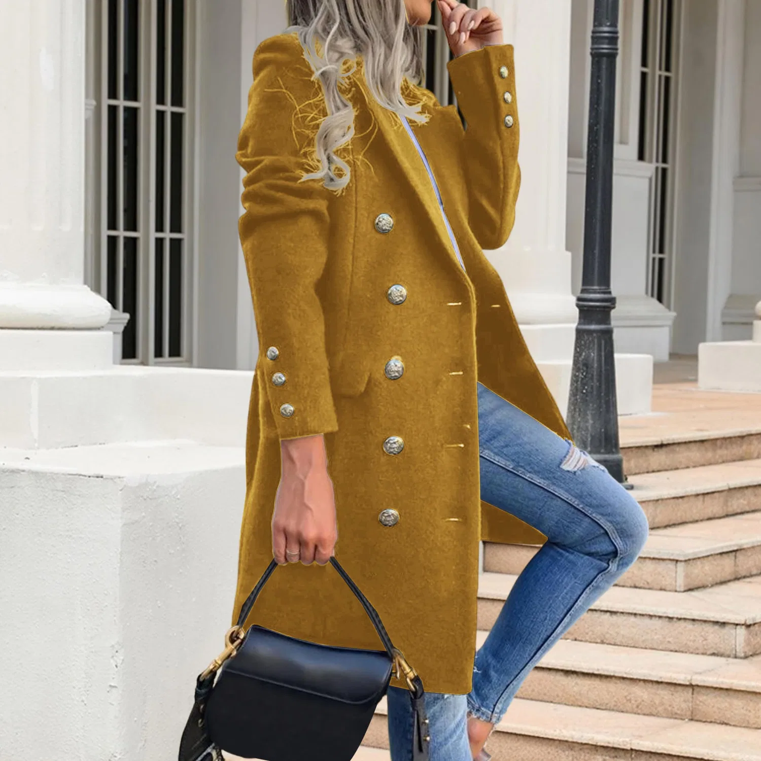 Женское двубортное пальто миди с принтом Autumn Winter Wool Coats, yellow — фото 3