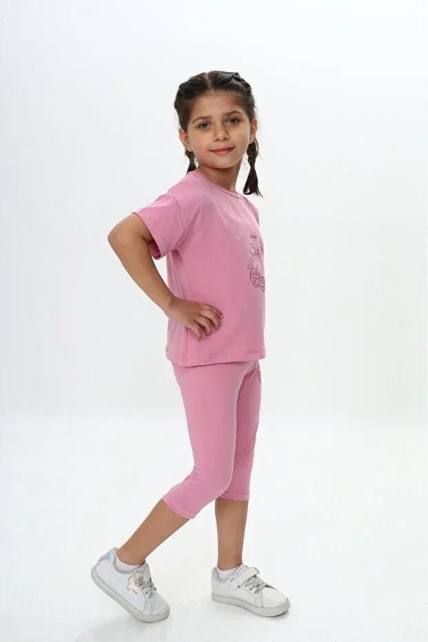 Детский комплект для девочек с принтом Heart Bow Printed Capri Suit Toontoy, Dried Rose — фото 4