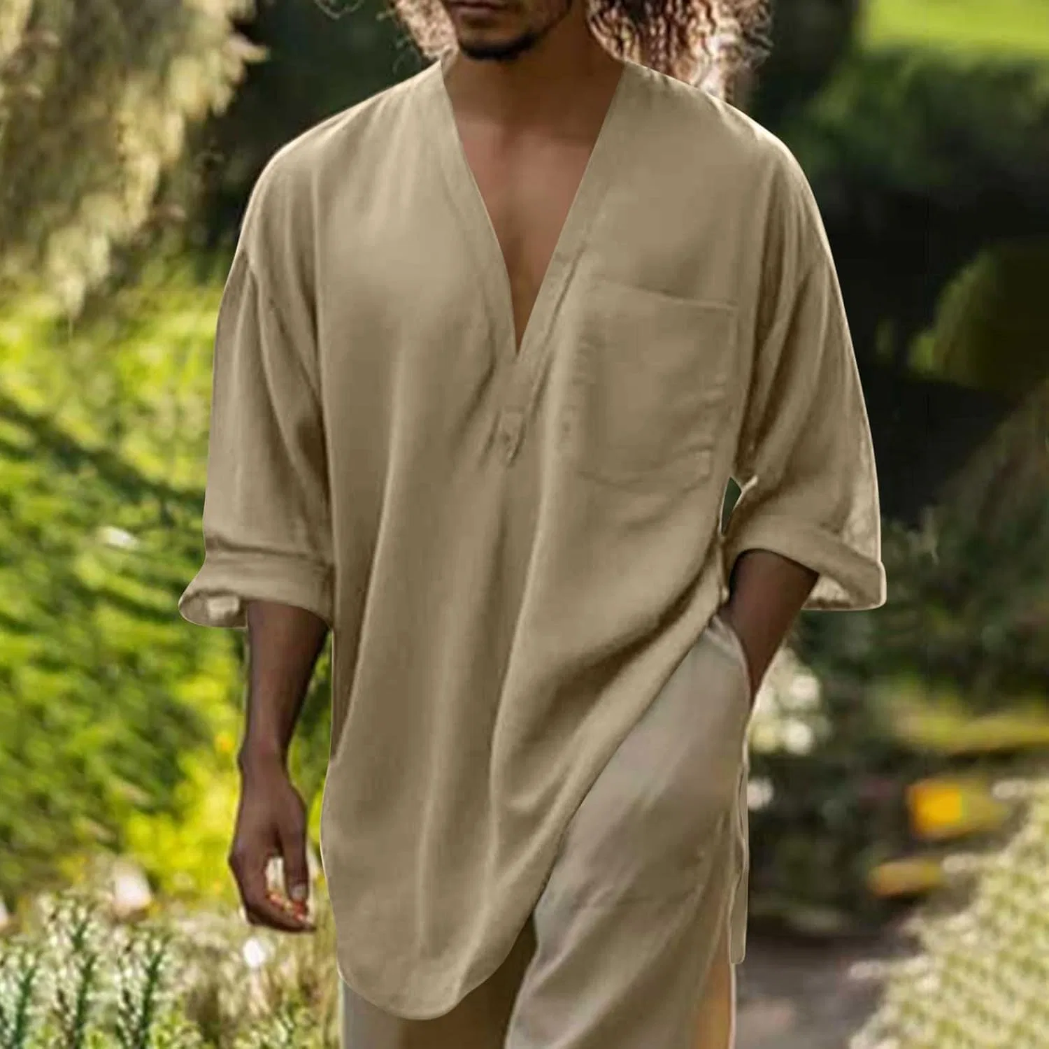 Мужская льняная рубашка с V-образным вырезом Casual, Khaki — фото 2