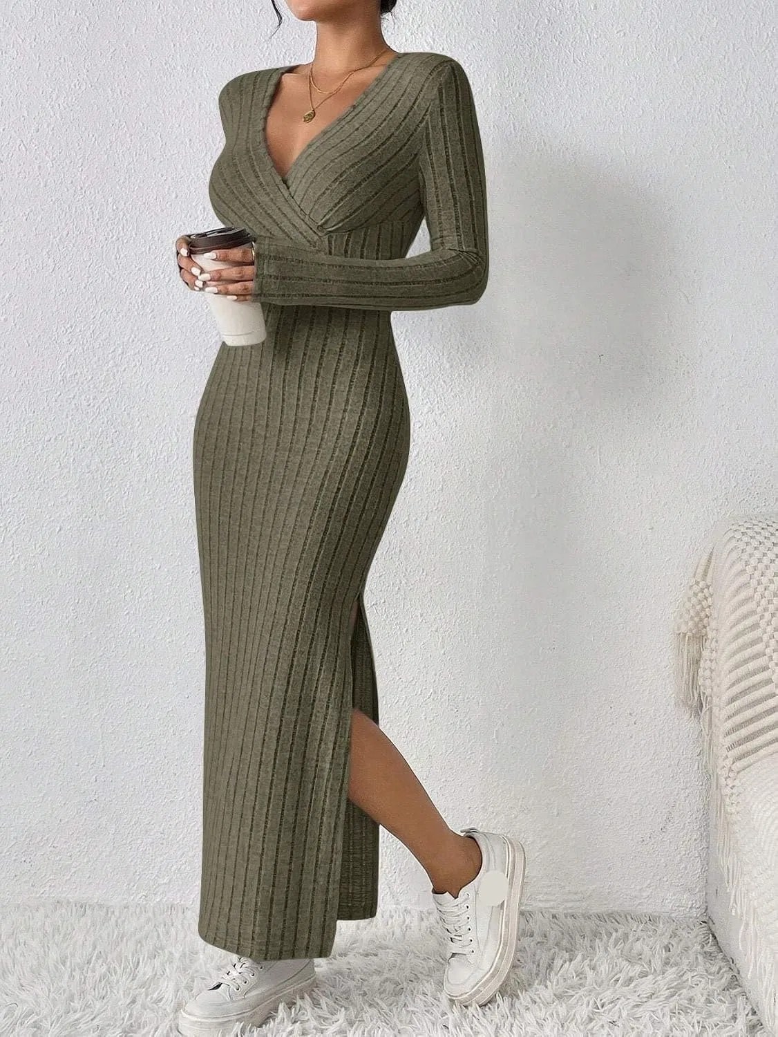 Женское повседневное платье миди облегающего кроя с запахом, Army Green — фото 2