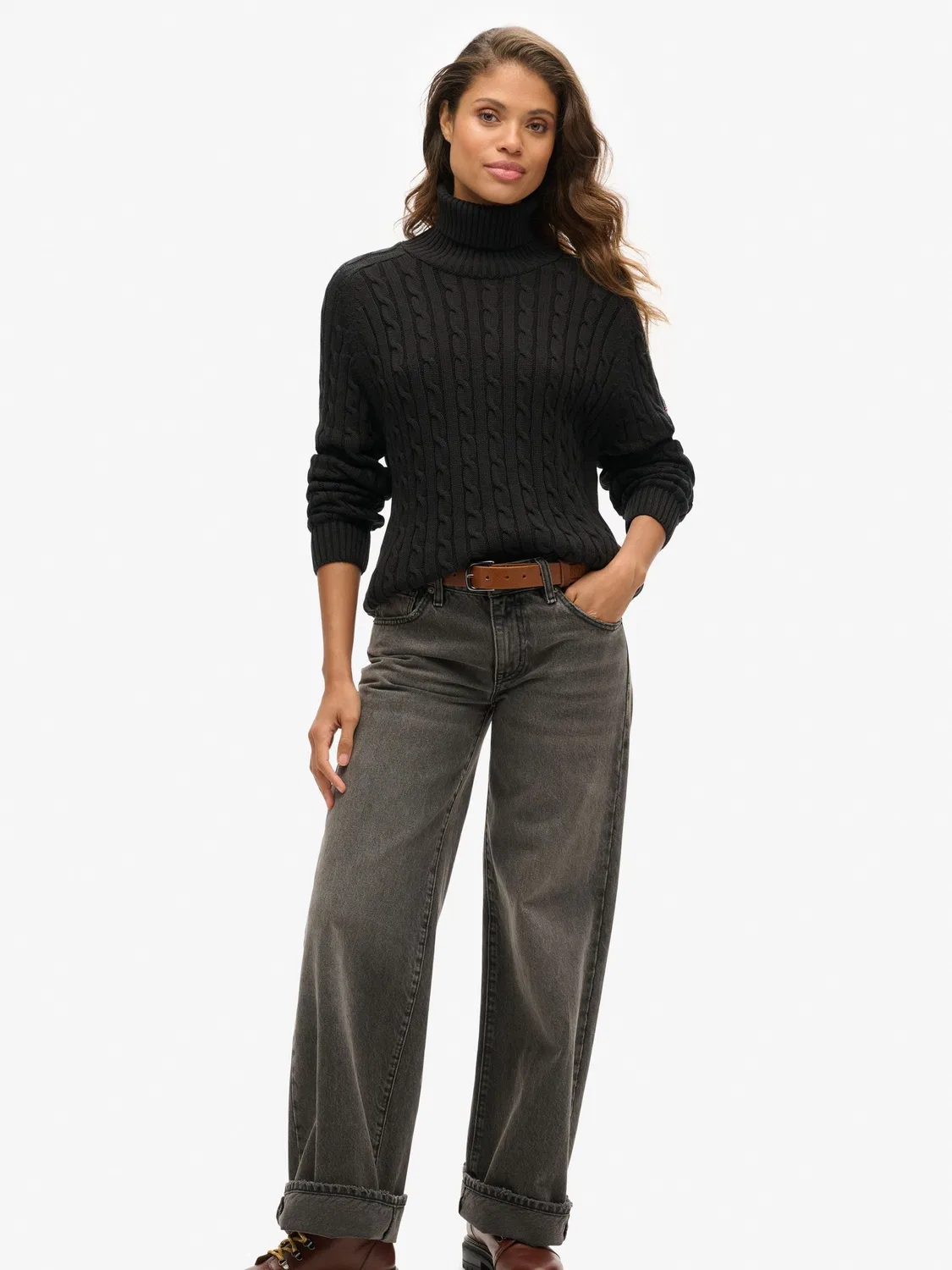 Свитер с воротником-хомутом, свободный, Slouchy Cable Roll Neck Superdry, черный — фото 2