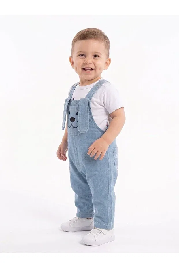 Детский комбинезон для мальчиков хлопковый комплект Cotton ear detailed soft denim 2-piece baby boy salopet set Kids Kingdom, Blue — фото 4