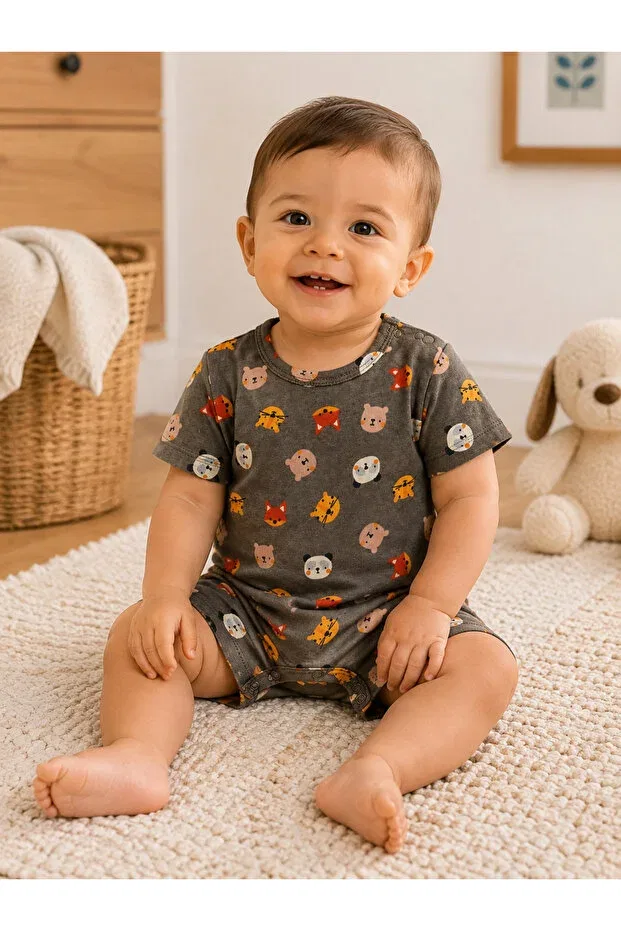 Детский комбинезон с коротким рукавом с принтом For My Baby, Anthracite - Animal Motifs