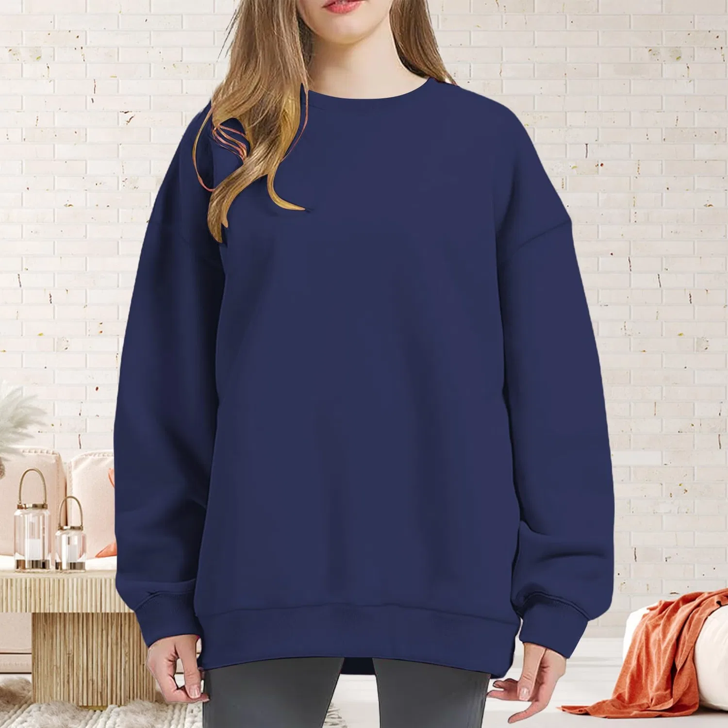 Женский свитшот с капюшоном и длинным рукавом, однотонный, Navy Blue — фото 2