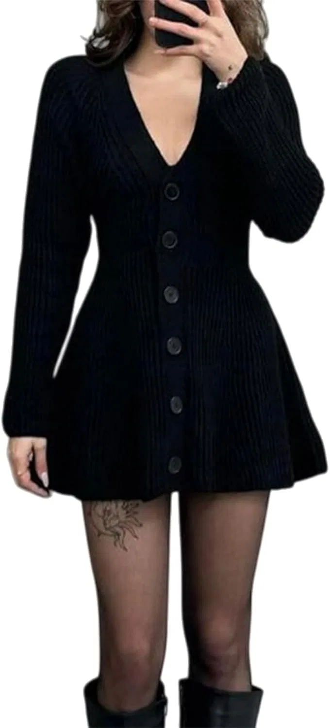 Женское мини-платье с V-образным вырезом и пуговицами, Ribbed Knit, Black