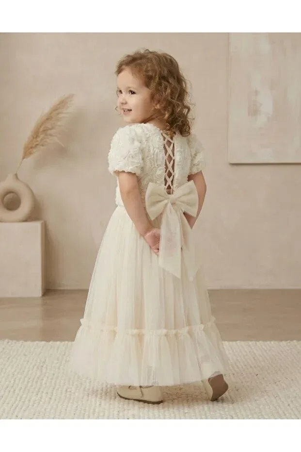Детское платье для девочек с воланами, модель Girl's Rose Detailed Back-Tie Fluffy Tulle Birthday and Special Occasion Dress 2-Piece Midi Length, Sweetme, Ecru