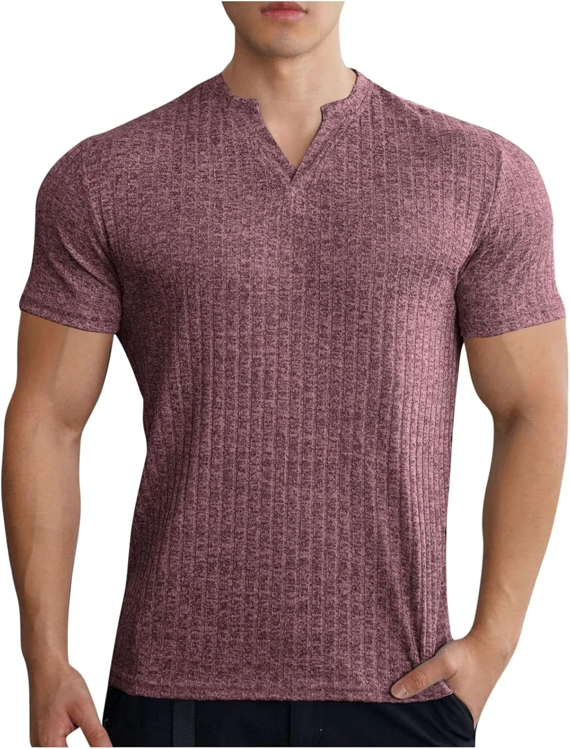 Мужская повседневная футболка с V-образным вырезом, Ribbed, Red